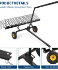 60 Inch Tow Behind Dethatcher With 24 Spring Steel Tines for ATV or Mower shown with sturdy hitch and non-slip wheels.