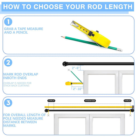 Infographic showing how to measure for Heavy Duty 1 Inch Curtain Rod Set With Round Finials, Adjustable From 16 To 60 Inches, Black Finish