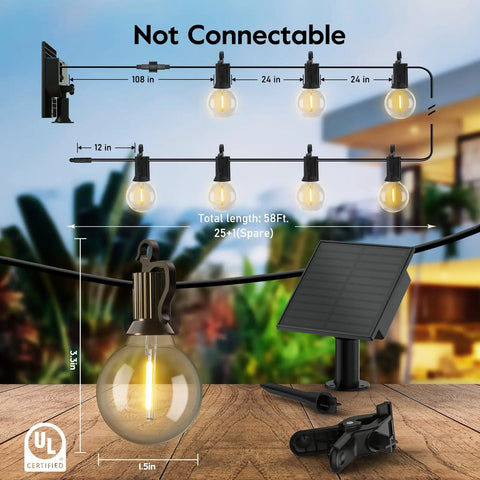 58 Ft Outdoor Solar String Lights With 25 G40 Plastic LED Bulbs Waterproof Hanging Globe Lights for backyard bash parties