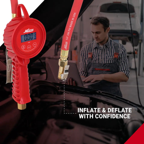 Digital Tire Inflator With Backlit Gauge Measures 5 To 220 Psi, mechanic using in garage, red grip, 20-inch hose