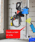 Heavy Duty Job Site Ready Automatic Wall Cut Off Saw With Plug And Play Remote Track For Dead Solid Concrete Brick Tile Grooving 150W Orbital Rotary Chaser mounted on a wall with remote.