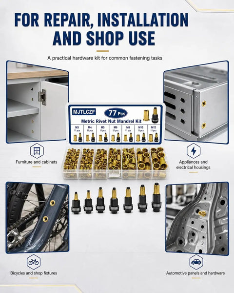 Cool 77Pcs Carbon Steel Rivet Nut Tool Set With Mandrels M3 M4 M5 M6 M8 M10 M12 Zinc Plated Nuts For Heavy Duty Auto Repair And Fabrication Projects, assorted rivet nuts