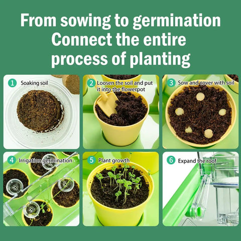 Steps of Kids Plant Growing Kit With Indoor Greenhouse And Hydroponic System, including soaking soil and plant growth stages.