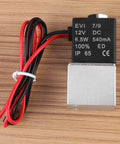2 Way Normally Closed DC 12V Solenoid Valve for Air Gas Water and Liquid, 1/4 In NPT, Aluminum Anodized Body on wood surface