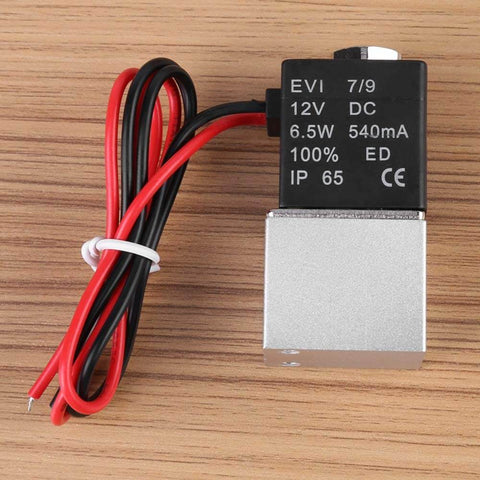 2 Way Normally Closed DC 12V Solenoid Valve for Air Gas Water and Liquid, 1/4 In NPT, Aluminum Anodized Body on wood surface