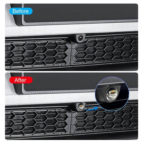 Before and after installation of 2 Piece Lens Guard PC Protective Cover Kit For Tesla 2025 front bumper cameras.