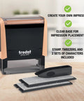 Badass DIY Self Ink Stamp Kit With Swap Out Character Panels And Tweezers Designed For Quick Return Address Stamping Small Business Parcel Or Thank You Card Layouts, showing stamp and accessories.