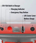 Control panel of MechMaxx 3300 Lb Semi Electric Straddle Stacker With 118 Inch Lift Height showing battery gauge and controls.