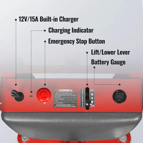 Control panel of MechMaxx 3300 Lb Semi Electric Straddle Stacker With 118 Inch Lift Height showing battery gauge and controls.