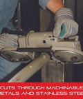 Person using Univerz Bi Metal Portaband Saw Blade for Metal Workshops and DIY Projects cutting through metal