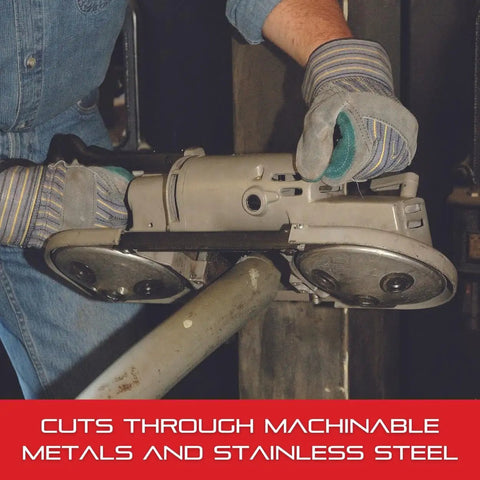 Person using Univerz Bi Metal Portaband Saw Blade for Metal Workshops and DIY Projects cutting through metal