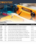 List of Powertec knob kits with specifications and image of T-track system with knob and bolt components for woodworking.