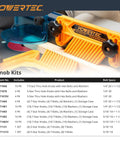 Powertec knob kit options with specifications table, including T Track Knob Kit With Seven Star Knobs And 1/4-20 Bolts And Washers, 10 Pack