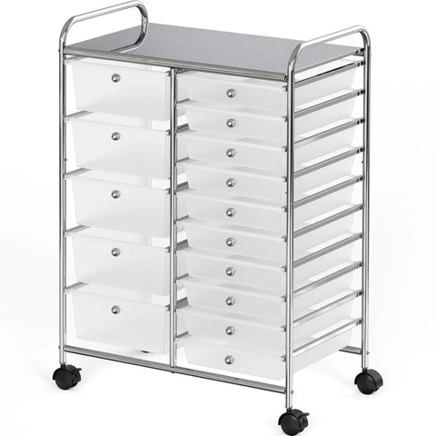 Rolling 15 Drawer Utility Cart For Tools Crafts And Office Beefy Heavy Duty Chrome Storage Organizer On Wheels With Locking Casters And Smooth Mobility For Garage And Workshop Organization, front view