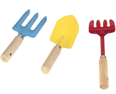 Kids Garden Tool Set With Tote Bag All In One Kit Includes Watering Can Gloves Shovel Rake Fork And Garden Tote Perfect Starter Garden Tools For Little Green Thumbs Educational Fun In The Yard. Wooden handle shovel, fork, and rake