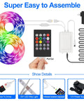 Smart RGB LED Strip Lights 100ft With Bluetooth App Control Music Sync Mood Lighting for Bedroom setup showing remote and components