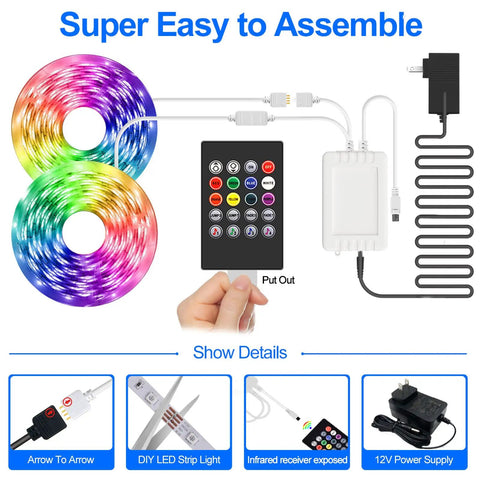 Smart RGB LED Strip Lights 100ft With Bluetooth App Control Music Sync Mood Lighting for Bedroom setup showing remote and components