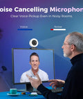 Hella Crisp 4K Webcam For PC With Built In Mic And Soft Ring Light Plus Manual Privacy Cover shown in video call setup.