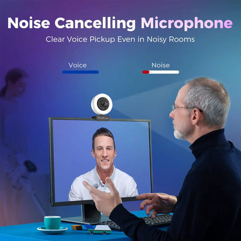 Hella Crisp 4K Webcam For PC With Built In Mic And Soft Ring Light Plus Manual Privacy Cover shown in video call setup.