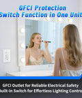 Convenient Dual Function 20 Amp Gfci Outlet With Light Switch Combo Self Test Tamper Resistant Gfi Receptacle White in vanity setting.