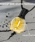 Lit Outdoor Edison Style String Lights 200Ft With 102 Shatterproof ST38 LED Bulbs, close-up on anti-shatter bulb technology.