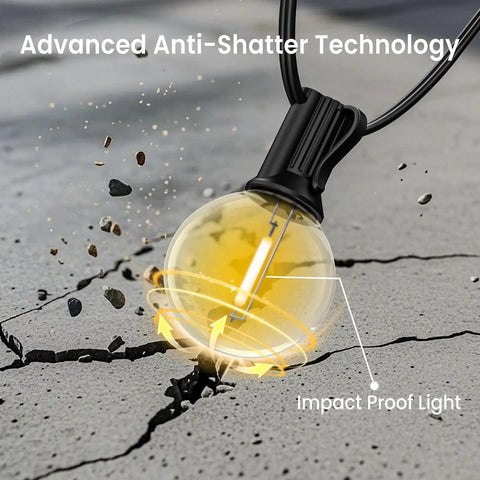 Lit Outdoor Edison Style String Lights 200Ft With 102 Shatterproof ST38 LED Bulbs, close-up on anti-shatter bulb technology.