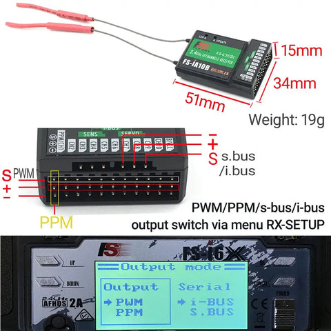 10 Channel 2.4GHz AFHDS 2A Receiver for RC Cars and Boats With PPM IBUS PWM Output, diagram and dimensions shown