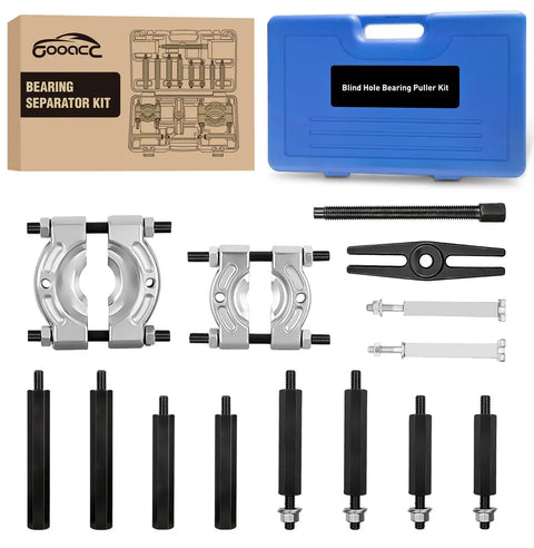 Heavy Duty 14 Piece Bearing Puller Kit 5 Ton Bearing Separator Tool For Auto Repair includes silver jaws and black extension screws in blue case.