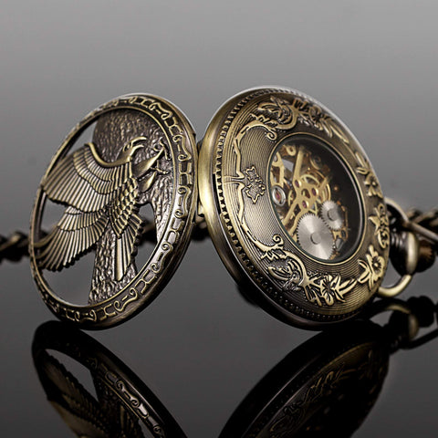 Dope Mechanical Eagle Skeleton Dial Bronze Pocket Watch With Arabic Numerals Gift Box And Chain For Men And Women Vintage Style Elegant Golden Movement Timepiece For Everyday Wear