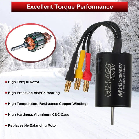 High Performance 2435 4800KV Brushless Motor And 35A ESC Combo For One Sixteenth And One Eighteen RC Cars And Trucks Waterproof Sensorless Power System With CNC Aluminum Housing And Pure Copper Windings displayed with specification highlights