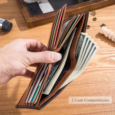 Person holding open Ultra Slim RFID Wallet For Men Genuine Leather Bifold Front Pocket Card Holder showing cash compartments.