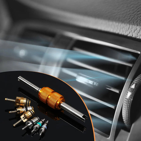 56 Piece R134a R12 AC Valve Core Kit with Quick Remover in front of car air vent, showing brass and multicolored valve cores