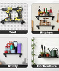 Foldable Wall Mount Workbench With Magnetic Tool Tray Heavy Duty Metal Work Table For Garage And Workshop Space Saving Design With Storage Racks And Tool Walls Ideal For Power Tools And Hardware Sorting For DIY Projects showcasing drill and various shelf uses for tools, kitchen, utility, and horticulture items.