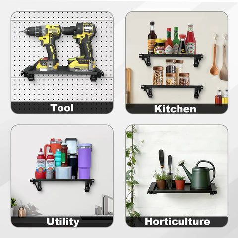 Foldable Wall Mount Workbench With Magnetic Tool Tray Heavy Duty Metal Work Table For Garage And Workshop Space Saving Design With Storage Racks And Tool Walls Ideal For Power Tools And Hardware Sorting For DIY Projects showcasing drill and various shelf uses for tools, kitchen, utility, and horticulture items.