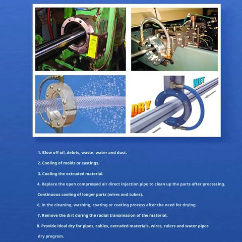 Heavy Duty 360 Degree Aluminum Alloy Ring Air Knife Blower For High Speed Industrial Pipe And Cable Drying With Powerful Even Airflow And Low Consumption Ideal For Surface Processing Equipment 51mm Model used in drying process.