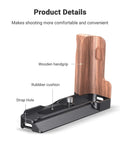Product details of L Shape Bracket With Wooden Grip For Sony RX100 III IV V VA VI VII Cameras, featuring wooden handgrip and strap hole.