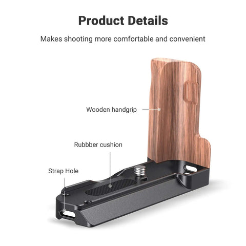 Product details of L Shape Bracket With Wooden Grip For Sony RX100 III IV V VA VI VII Cameras, featuring wooden handgrip and strap hole.