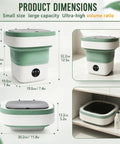 Compact Portable Foldable Washer With Amped Up Motor And Three Wash Cycles showing dimensions and design for small spaces.