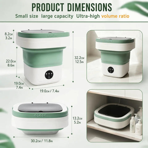 Compact Portable Foldable Washer With Amped Up Motor And Three Wash Cycles showing dimensions and design for small spaces.