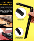 Guitar Allen Wrench Set With 13 Pieces Including Ball End Truss Rod Wrenches in use on guitar neck and bridge for adjustments