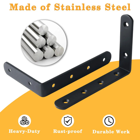 Heavy Duty L Shelf Brackets 5 By 3 Inch Badass Matte Black Floating Wall Mount Kit showing rust-proof stainless steel brackets.