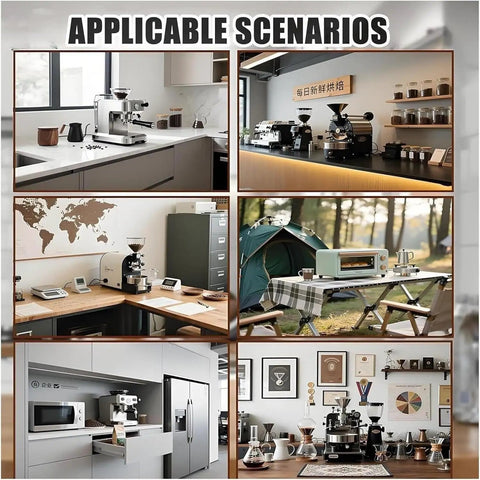 Applicable scenarios showing Compact Electric Coffee Bean Roaster With Smokeless Drum Design in various home and office settings.