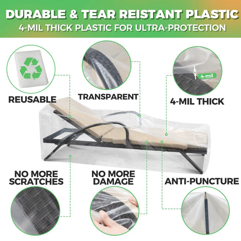 Image showing 2 Pack Waterproof Outdoor Chaise Lounge Covers For Patio Furniture Heavy Duty Clear Plastic Protectors displaying features like transparency, 4mm thickness, and durability.