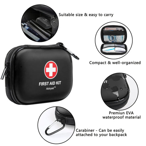 Mini First Aid Kit 120 Piece Waterproof Hard Shell Medical Kit for Car Home Office Travel Camping Sports Outdoors and School Grab And Go Emergency First Aid Supplies And Survival Kit In Compact Portable Case Black shown with organized compartments and carabiner clip.