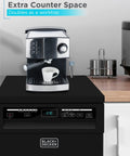 Solid 18 Inch Portable Dishwasher On Wheels And Energy Star Efficient 8 Place Setting Countertop Machine That Handles Heavy Scraps Without Breaking A Sweat And Rolls Right Into Tight Apartments For Easy Cleanup In Glossy Black with espresso machine on top.