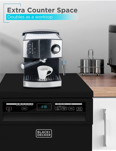 Solid 18 Inch Portable Dishwasher On Wheels And Energy Star Efficient 8 Place Setting Countertop Machine That Handles Heavy Scraps Without Breaking A Sweat And Rolls Right Into Tight Apartments For Easy Cleanup In Glossy Black with espresso machine on top.