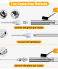 Grease Gun Tips Kit With One Eighth Inch NPT Threaded Grease Needle Tips And Five 18G Detachable Injector Needles, shown with two connection methods.