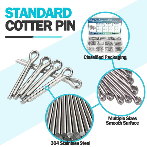 230Pcs Cotter Pins Set In 12 Sizes, 304 Stainless Steel Split Pin Fasteners Assortment Kit Includes M1.5x16, M1.5x25, M2x16, M2x25, packaging close-up