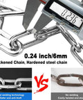 Close-up of caliper measuring 6mm thick chain showing difference between welded and non-welded chains, identifying thickness.
