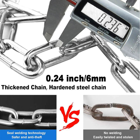 Close-up of caliper measuring 6mm thick chain showing difference between welded and non-welded chains, identifying thickness.